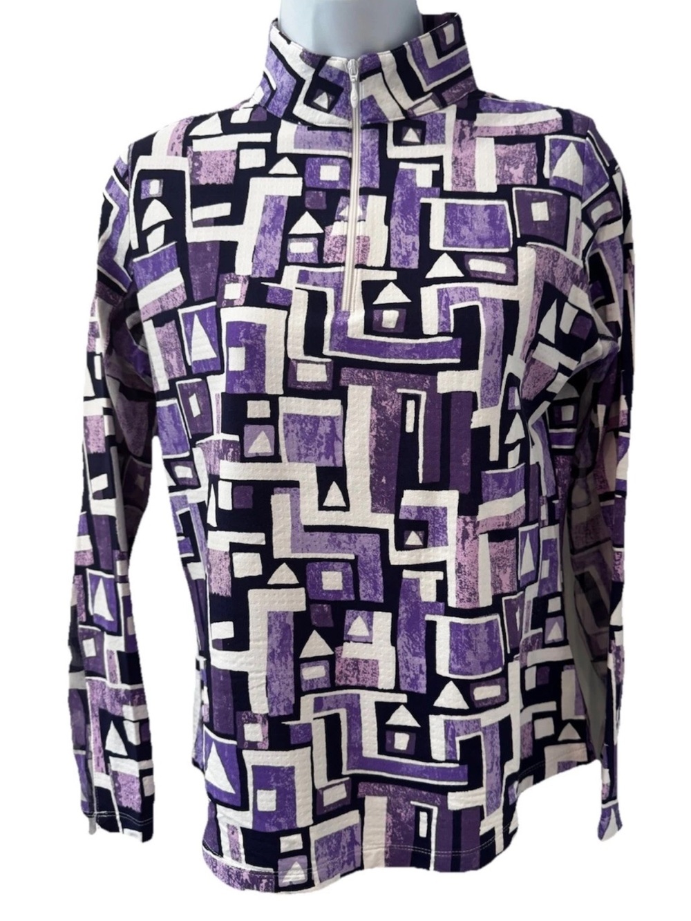 IBKUL, Geometric Purple Print Zip-Neck Top with wicking technology SPF 50+